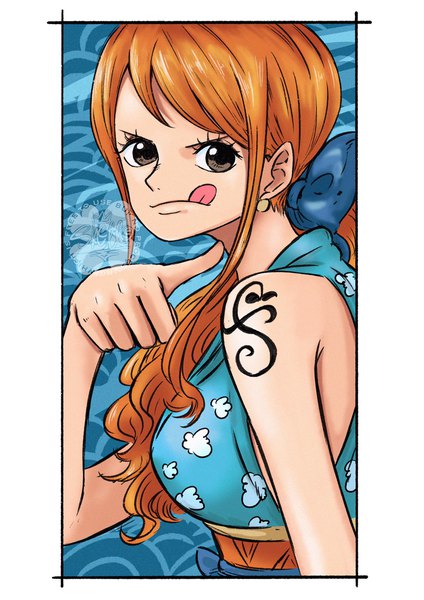Anime picture 1448x2048 with one piece toei animation nami (one piece) sherumaru (korcht06) single long hair tall image looking at viewer fringe breasts simple background bare shoulders brown eyes signed upper body orange hair tattoo sleeveless low ponytail framed