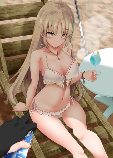 Anime picture 714x999 with virtual youtuber nijisanji pocari sweat sister cleaire shirosuzu long hair tall image looking at viewer blush fringe breasts light erotic blonde hair smile sitting holding yellow eyes cleavage outdoors from above