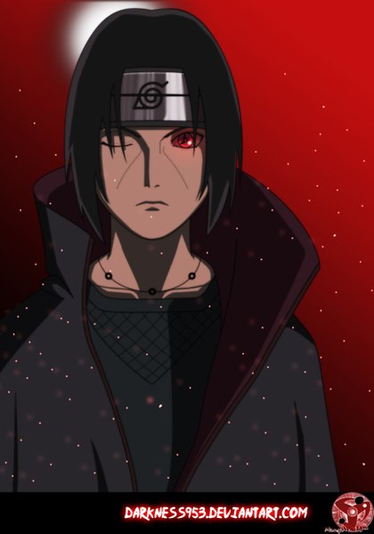 Anime picture 1024x1461 with naruto studio pierrot naruto (series) uchiha itachi darknes953 single tall image short hair black hair red eyes one eye closed wink coloring akatsuki sharingan boy cloak bandana