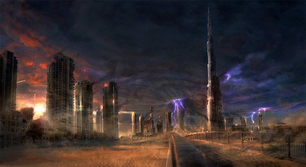 Anime picture 1280x700 with jonas de ro (jenovah-art) wide image sky cloud (clouds) sunlight no people sunbeam sand ruins lightning destruction dust building (buildings) sun fence road skyscraper