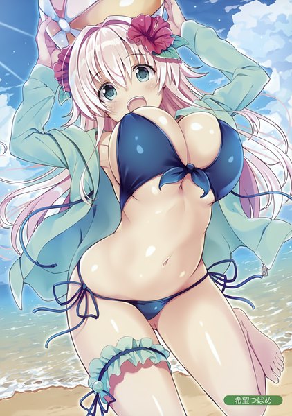 Anime picture 2463x3500 with original melonbooks nozomi tsubame single long hair tall image blush fringe highres breasts open mouth blue eyes light erotic large breasts signed sky silver hair cloud (clouds) hair flower scan