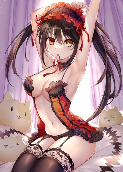 Anime picture 945x1323 with date a live tokisaki kurumi asle single long hair tall image blush fringe breasts light erotic black hair hair between eyes large breasts sitting twintails holding indoors arms up heterochromia mouth hold