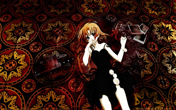 Anime picture 1680x1050 with higurashi no naku koro ni studio deen ryuuguu rena single fringe short hair hair between eyes brown hair wide image bare shoulders signed payot lying arm up black eyes inscription bare legs on back copyright name character names