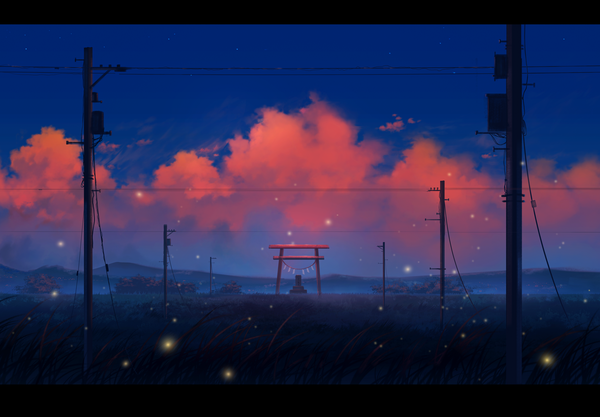 Anime picture 5000x3474 with original lxc highres absurdres sky cloud (clouds) evening sunset letterboxed no people landscape torii power lines