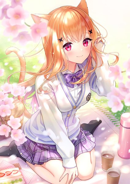 Anime picture 595x842 with virtual youtuber indie virtual youtuber kochou cocoa koyama rikako single long hair tall image looking at viewer smile sitting animal ears outdoors tail animal tail pink eyes from above wind cat ears orange hair cat girl