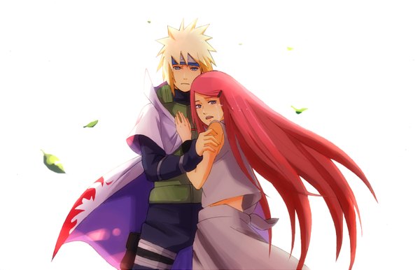 Anime picture 1500x967 with naruto studio pierrot naruto (series) namikaze minato uzumaki kushina n y long hair short hair blue eyes blonde hair purple eyes red hair crying jinchuriki girl boy leaf (leaves) cloak bandana