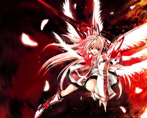 Anime picture 1280x1024 with long hair blonde hair red eyes angel wings mecha musume girl weapon sword wings boots armor feather (feathers)