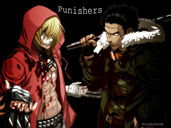 Anime picture 1024x768 with togainu no chi nitro+chiral gunji (tnc) kiriwar (tnc) fringe simple background blonde hair hair over one eye open clothes tattoo hand on hip black background scar boy weapon jacket belt hood blood bandage (bandages)