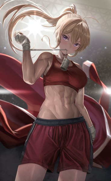 Anime picture 1894x3088 with original silvertsuki single long hair tall image blush fringe highres breasts blonde hair hair between eyes large breasts standing purple eyes holding payot looking away ahoge ponytail arm up