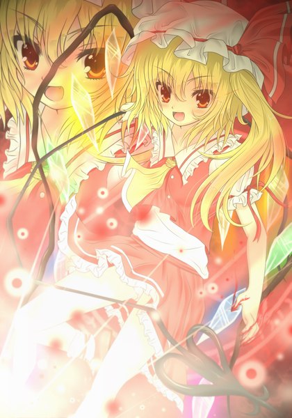 Anime picture 1400x2000 with touhou flandre scarlet akane miu long hair tall image blush open mouth blonde hair red eyes one side up zoom layer girl wings blood bonnet crystal