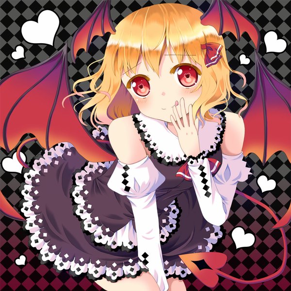 Anime picture 1025x1025 with touhou rumia hazakura satsuki single looking at viewer blush short hair blonde hair smile red eyes bare shoulders demon girl demon tail head wings rhombus girl ribbon (ribbons) hair ribbon detached sleeves heart