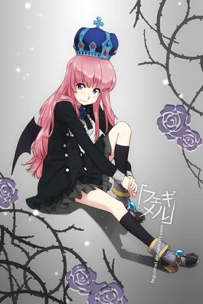 Anime picture 604x900 with original feguimel single long hair tall image looking at viewer blush smile purple eyes pink hair girl wings socks shoes black socks crown clothes