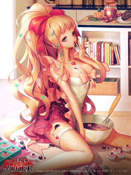 Anime picture 1500x2000 with joker ~gang road~ soo kyung oh single long hair tall image light erotic blonde hair brown eyes cleavage valentine cooking girl thighhighs skirt bow hair bow food sweets apron chocolate