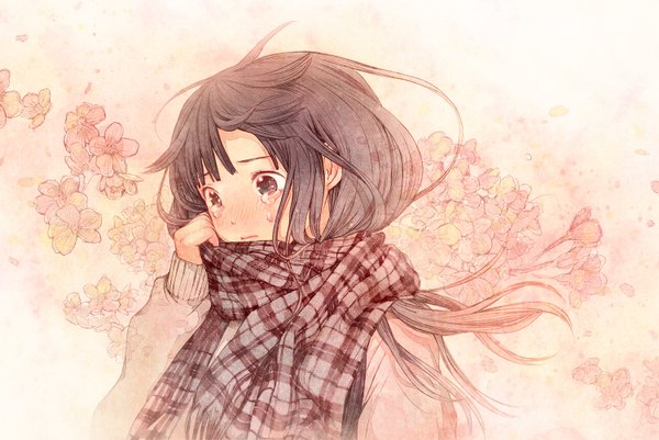 Anime picture 1500x1004 with sayonara memories (supercell) plasm (gyuunyuu) single long hair blush black hair tears girl flower (flowers) scarf