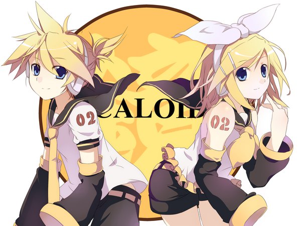 Anime picture 1500x1125 with vocaloid kagamine rin kagamine len potchi fringe short hair blue eyes blonde hair hair between eyes looking away ponytail copyright name siblings twins sailor collar brother and sister girl boy bow hair bow