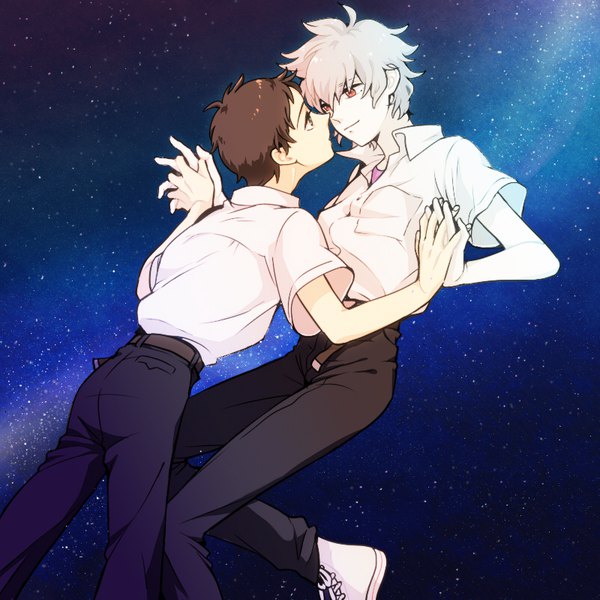 Anime picture 800x800 with neon genesis evangelion gainax ikari shinji nagisa kaworu doki-jgn fringe short hair hair between eyes red eyes brown hair brown eyes looking away silver hair full body bent knee (knees) profile light smile night multiple boys night sky