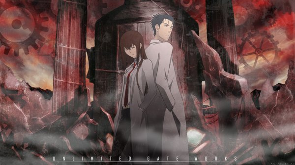 Anime picture 1920x1080 with steins;gate white fox makise kurisu okabe rintarou long hair highres short hair black hair brown hair wide image brown eyes couple hands in pockets back to back girl boy gears