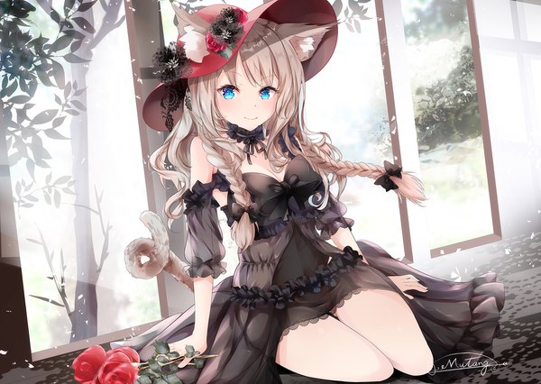Anime picture 1689x1200 with original mutang single long hair looking at viewer blush fringe breasts blue eyes light erotic smile brown hair sitting signed animal ears cleavage tail braid (braids) animal tail cat ears