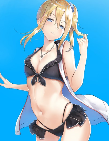 Anime picture 930x1200 with kaguya-sama wa kokurasetai ~tensai-tachi no renai zunousen~ a-1 pictures hayasaka ai irohakaede single long hair tall image looking at viewer fringe breasts blue eyes light erotic blonde hair simple background hair between eyes standing bare shoulders payot parted lips head tilt