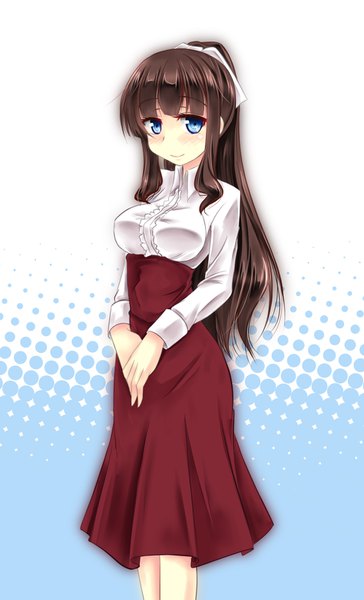 Anime picture 948x1563 with new game! doga kobo takimoto hifumi kiryu264 single long hair tall image looking at viewer blush fringe breasts blue eyes smile brown hair white background payot ponytail blunt bangs long sleeves polka dot