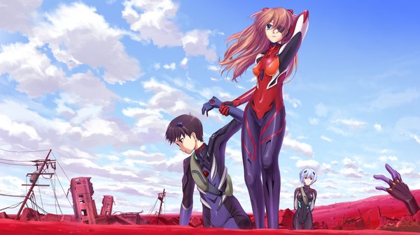 Anime picture 3840x2160 with neon genesis evangelion gainax soryu asuka langley ayanami rei ikari shinji shirakawa mayo (artist) long hair highres short hair blue eyes red eyes brown hair wide image standing sitting twintails multiple girls holding blue hair absurdres