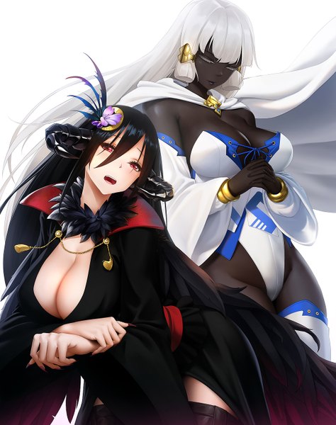 Anime picture 1185x1500 with original obaoba (monkeyix) tall image looking at viewer blush fringe breasts open mouth light erotic black hair simple background hair between eyes red eyes large breasts standing white background multiple girls payot cleavage white hair