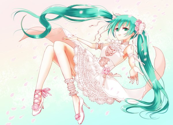 Anime picture 1800x1300 with vocaloid hatsune miku itsuki (pixiv 2027110) single long hair highres open mouth twintails bare shoulders barefoot aqua eyes aqua hair girl dress petals shoes white dress