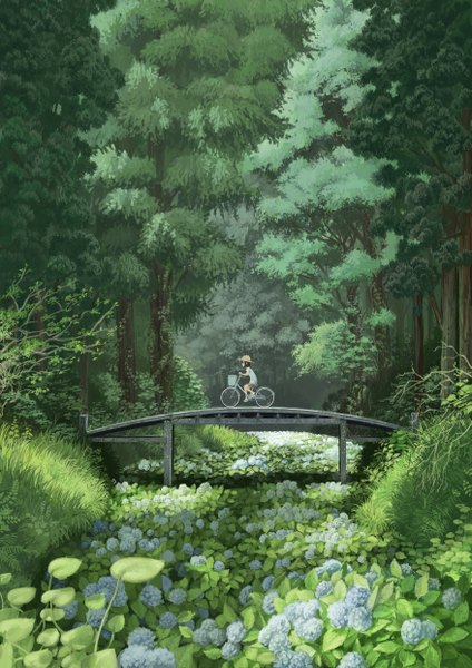 Anime picture 1753x2480 with original domo1220 single tall image highres short hair brown eyes profile landscape girl flower (flowers) plant (plants) hat tree (trees) shorts headdress leaf (leaves) grass branch ground vehicle
