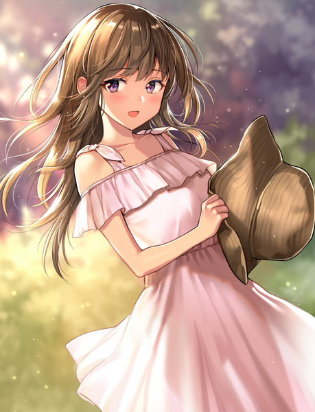 Anime picture 837x1093 with original nishizawa single long hair tall image looking at viewer blush fringe open mouth smile hair between eyes brown hair standing purple eyes holding outdoors :d dutch angle depth of field hat removed