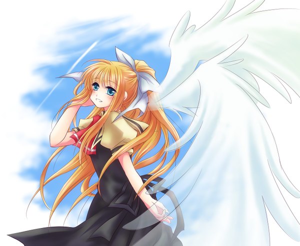 Anime picture 1400x1150 with air key (studio) kamio misuzu sunflower9 single long hair blue eyes orange hair girl uniform bow hair bow school uniform wings