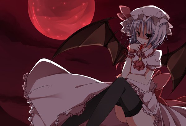 Anime picture 1400x950 with touhou remilia scarlet sakura-no short hair red eyes silver hair red moon girl thighhighs dress black thighhighs wings frills blood bonnet