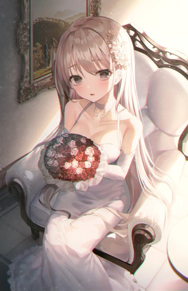 Anime picture 1000x1546 with original hinaki (hinaki 0102) single long hair tall image looking at viewer blush breasts open mouth sitting bare shoulders holding brown eyes cleavage silver hair bent knee (knees) indoors sunlight frilled dress girl