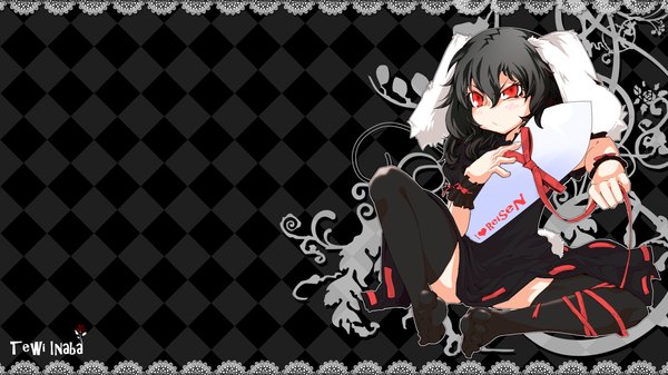 Anime picture 1920x1080 with touhou inaba tewi kumonji aruto highres short hair black hair red eyes wide image barefoot bunny ears girl thighhighs ribbon (ribbons) black thighhighs