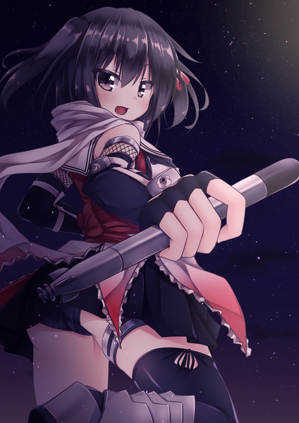 Anime picture 1106x1564 with kantai collection sendai light cruiser yuki kawachi single tall image looking at viewer blush fringe short hair open mouth light erotic hair between eyes bare shoulders holding brown eyes bent knee (knees) :d pleated skirt looking back night