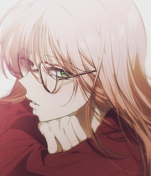 Anime picture 728x845 with gintama sunrise (studio) kagura (gintama) moty_0 single long hair tall image looking at viewer fringe hair between eyes brown hair parted lips profile close-up alternate hairstyle bespectacled alternate hair color hair down girl glasses