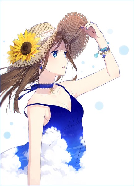 Anime picture 950x1312 with original hakusai (tiahszld) single long hair tall image breasts blue eyes simple background brown hair white background bare shoulders looking away sky cleavage cloud (clouds) upper body nail polish parted lips profile arm up