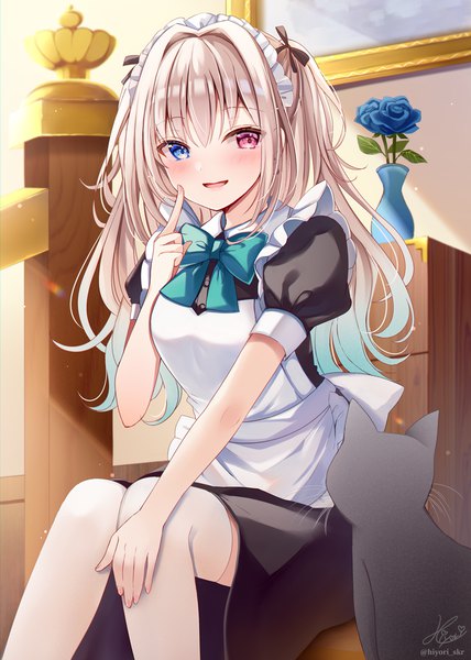 Anime picture 776x1088 with original sakura hiyori single long hair tall image blush fringe open mouth blonde hair hair between eyes sitting indoors :d maid two side up puffy sleeves heterochromia girl thighhighs uniform