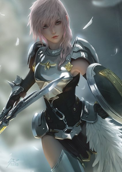 Anime picture 800x1132 with final fantasy final fantasy xiii final fantasy xiii-2 square enix lightning farron raikoart single long hair tall image fringe hair between eyes standing holding signed looking away pink hair lips blurry realistic grey eyes
