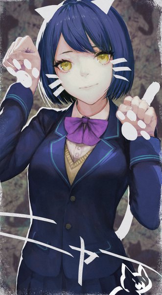 Anime picture 2538x4601 with virtual youtuber nijisanji shizuka rin ryono mizuki single tall image looking at viewer fringe highres short hair simple background standing yellow eyes blue hair long sleeves head tilt pleated skirt paw pose paw print drawn whiskers