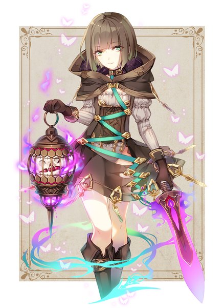 Anime picture 990x1355 with sinoalice gretel (sinoalice) hansel (sinoalice) kina (446964) single tall image looking at viewer fringe short hair simple background brown hair standing white background holding green eyes blunt bangs long sleeves bare legs puffy sleeves glowing