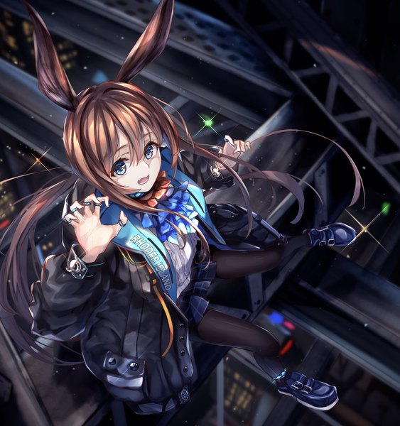 Anime picture 1972x2103 with arknights amiya (arknights) wata0933 single long hair tall image looking at viewer fringe highres open mouth blue eyes hair between eyes brown hair animal ears :d from above open jacket sparkle bunny ears low ponytail
