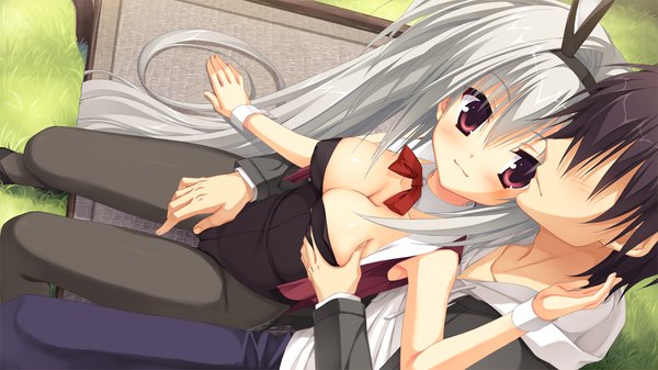 Anime picture 1280x720 with dracu-riot! yuzusoft elena olegovna owen long hair short hair breasts light erotic black hair red eyes wide image game cg silver hair bunny ears breast grab girl boy bunnysuit