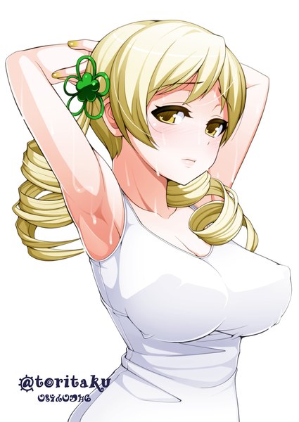 Anime picture 708x1000 with mahou shoujo madoka magica shaft (studio) tomoe mami torigoe takumi single long hair tall image looking at viewer blush breasts light erotic simple background blonde hair large breasts white background twintails yellow eyes arms up armpit (armpits) wet