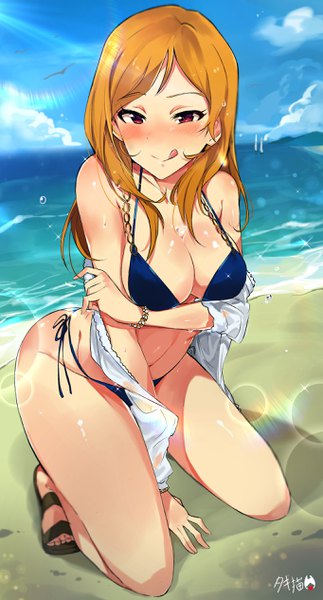 Anime picture 1364x2532 with idolmaster idolmaster million live! momose rio tuxedo de cat single long hair tall image looking at viewer blush breasts light erotic blonde hair red eyes signed sky full body sunlight beach squat sand