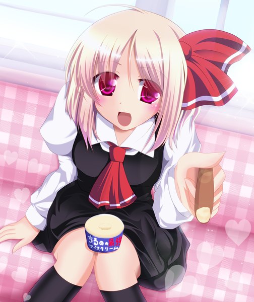 Anime picture 1344x1600 with touhou rumia fule tall image blush short hair open mouth blonde hair pink hair loli girl food heart sweets ice cream