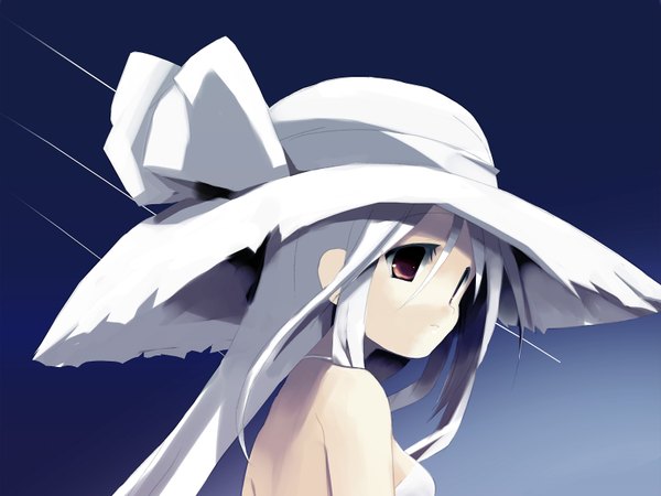 Anime picture 1600x1200 with original shiro (octet) single long hair fringe hair between eyes red eyes standing looking away sky upper body white hair girl hat