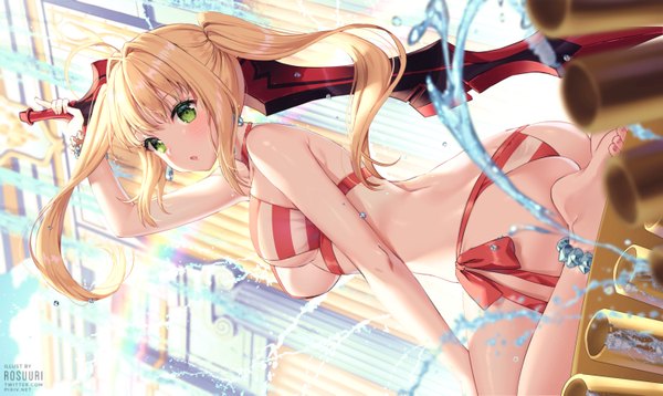 Anime picture 1500x895 with fate (series) fate/grand order nero claudius (fate) (all) nero claudius (swimsuit caster) (fate) rosuuri single long hair looking at viewer blush breasts open mouth light erotic blonde hair wide image sitting twintails bare shoulders holding green eyes signed