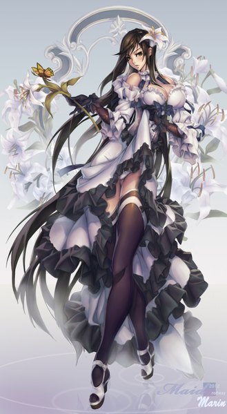 Anime picture 700x1276 with rodway single tall image blush light erotic black hair very long hair hair flower black eyes pantyshot girl thighhighs dress gloves underwear flower (flowers) panties black thighhighs black gloves frills