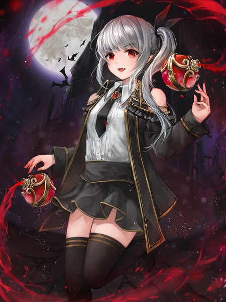 Anime picture 3000x4000 with original crystalherb single long hair tall image looking at viewer blush fringe highres open mouth red eyes standing payot outdoors blunt bangs pointy ears grey hair night fang (fangs) zettai ryouiki