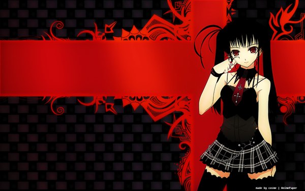 Anime picture 1440x900 with murakami suigun long hair black hair red eyes wide image bare shoulders braid (braids) inscription twin braids girl thighhighs skirt black thighhighs ring